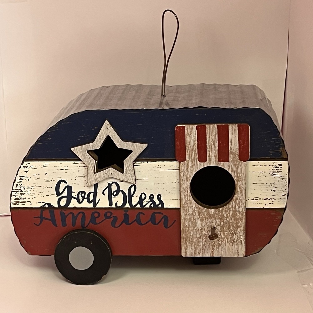 Decorative Bird House God Bless America Flag Birdhouse‎ Rustic Retro Camper